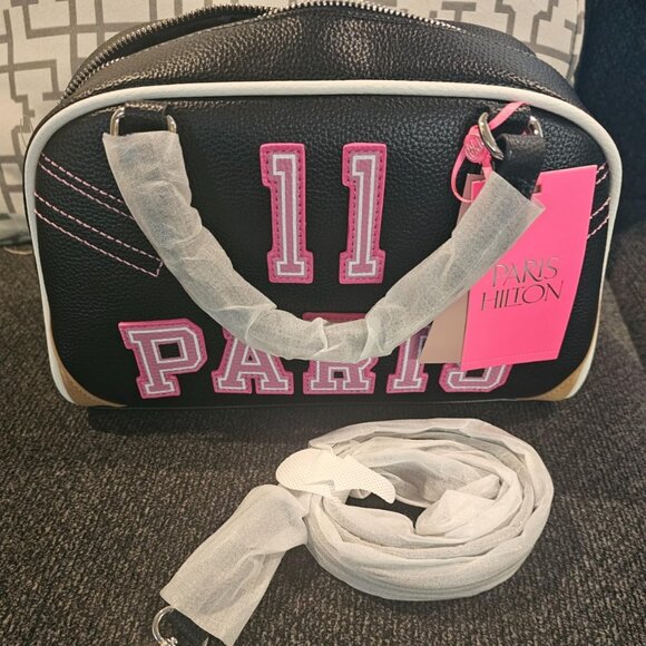 Paris Hilton Varsity Vegan Leather Bowler Satchel Hand Bag with Removable Strap - Picture 1 of 10